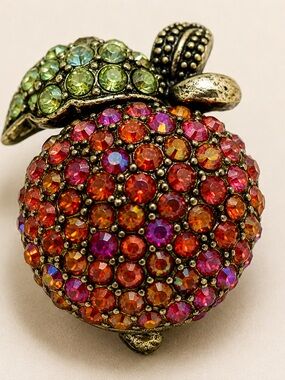 Laila Rowe Vintage Rhinestone Apple Brooch Pin Red AB Crystals Green Leaf